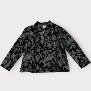 90s grunge/whimsy goth black, blue, and green floral tapestry jacket size L